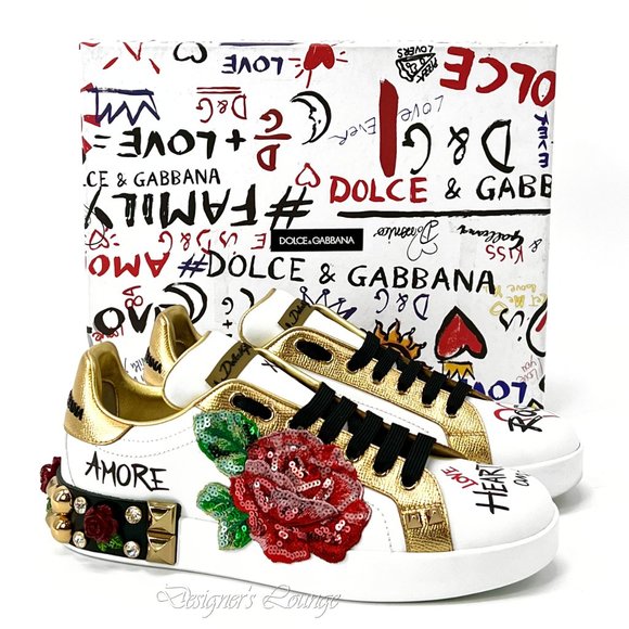 NEW DOLCE & GABBANA Roses Amore Crystal Sequin Portofino Sneakers $1,650 - Picture 2 of 13